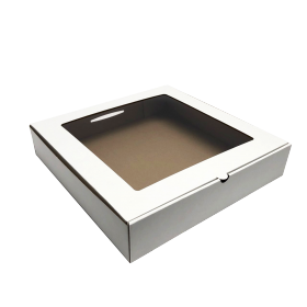 Гофрированная картонная коробка для пирога с окном серия "Fupeco WinPieBox" Албус, 250*250*65 из 3-х слойного микрогофрокартона бел/бур (Д 22-25 см)