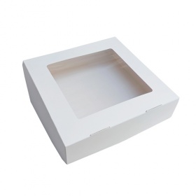 Картонная упаковка для пирожных из белого картона с окном и ламинацией, р-р  253*253*43мм, серия "Fupeco WinSweetBox" Премиум бел/бел