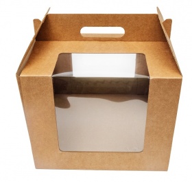Гофрированная коробка серия "Fupeco WinCakeHandBox" Стандарт для торта c ручками и прозрачными окнами 300*300*250 от 1 до 3кг бур/бур (Д 15-30см)