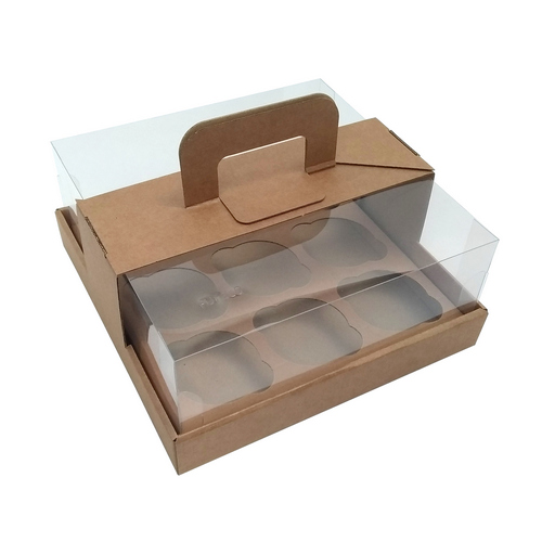 Коробка для на 9 капкейков c прозрачной пластиковой крышкой и ручкой. Р-р 240*240*110 мм, серия "Fupeco GlassTopCupcakeHandBox" Премиум, бур/бур