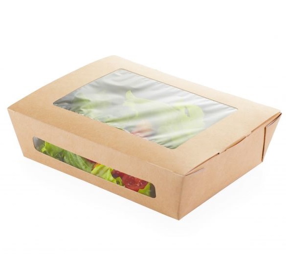 Картонная коробка контейнер из крафт картона с ламинацией и окном р-р "S" 150*115*50мм, 600 мл, серия "Fupeco Fresh WinFoodBox" бур/бел 