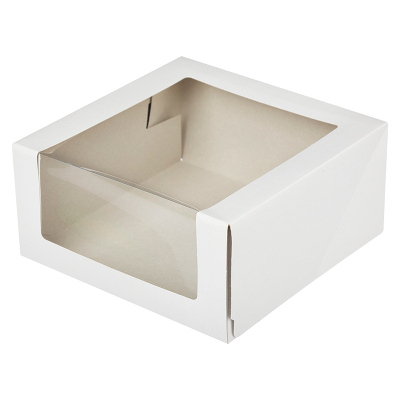 Коробка картонная с боковым и верхним окном для Бенто торта серия "Fupeco WinSweetBox" из бел/бел картона. Размер 158*158*97 мм.