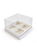 Упаковка для капкейков 4шт с прозрачной пластиковой крышкой, Серия "Fupeco GlassTopCakeBox" Премиум, бел/бел. Размер 160*160*110 мм.