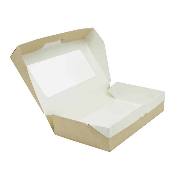 Картонная упаковка для пирожных из крафт картона с окном и ламинацией, р-р 200*150*45мм, серия "Fupeco WinSweetBox" Стандарт бур/бел