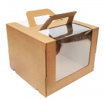 Гофрированная коробка для кулича серия "Fupeco RWinCakeHandBox" Премиум  c ручками и круговым окном 260*260*200 от 1 до 3 кг бур/бур (Д 15-26см)