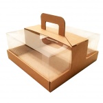 Коробка для торта до 2 кг c прозрачной пластиковой крышкой и ручкой. Р-р 240*240*110 мм, серия "Fupeco GlassTopCakeHandBox" Премиум , бур/бур