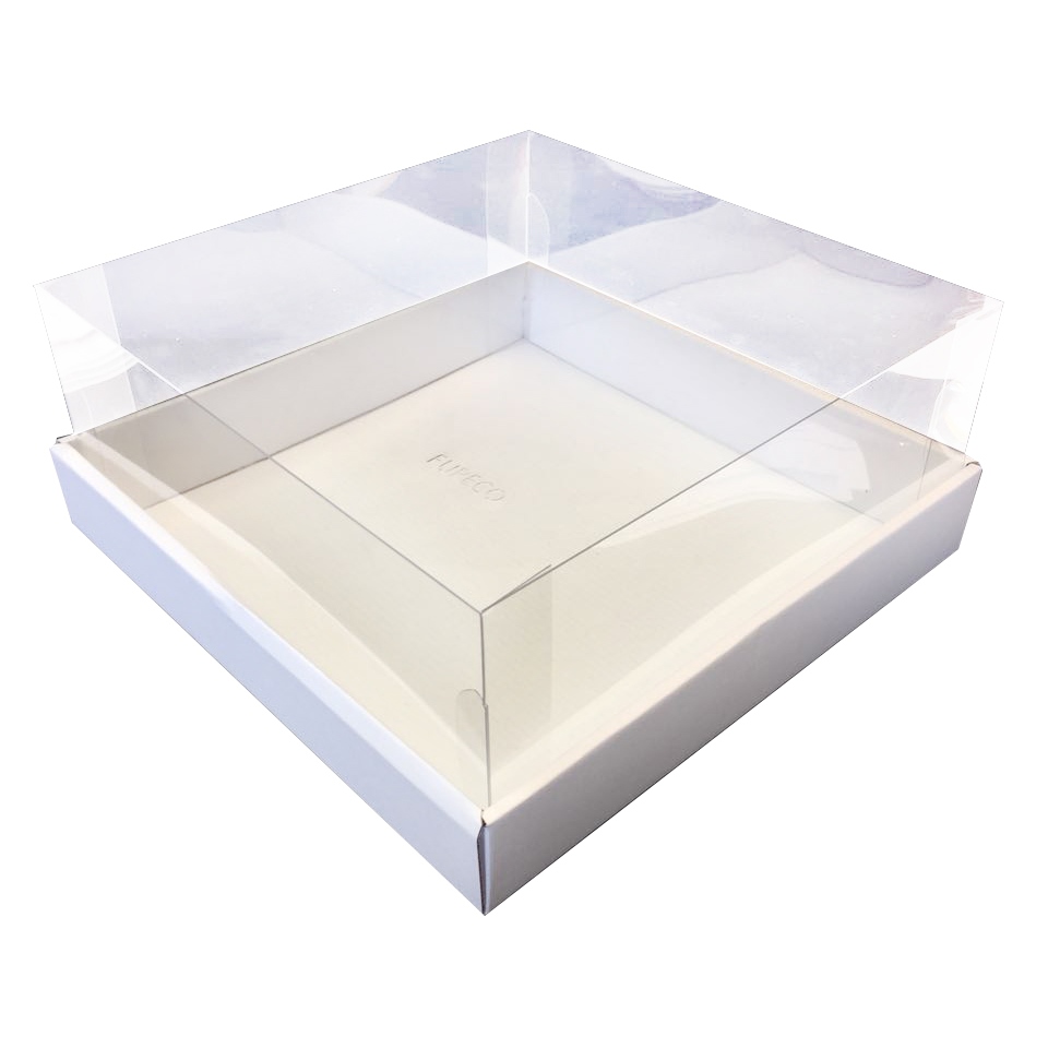 Коробка для торта до 2 кг с прозрачной пластиковой крышкой. Р-р 240*240*110, серия "Fupeco GlassTopCakeBox" Премиум, бел/бел