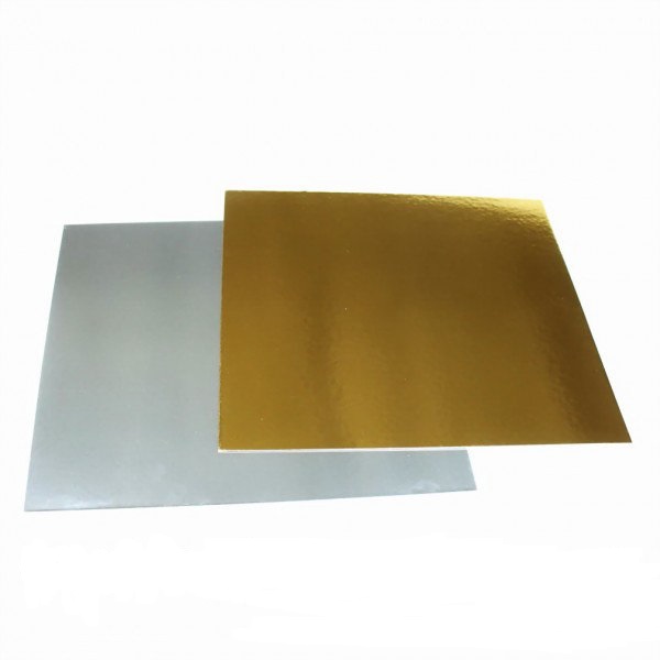 Подложки картонные с двухсторонней ламинацией квадратные 29*29 см под торт или пирог. Цвет "золото/серебро", толщина 1,25-1,3 мм