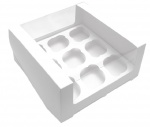 Коробка картонная серия "Fupeco RWinCakeBox", с круговым окном из бел/бел картона на 9 капкейков 250*250*100 мм.