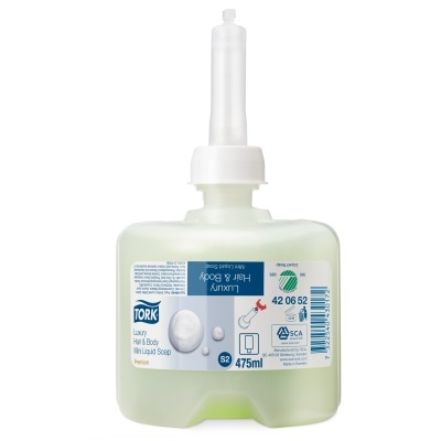 Картридж мыло жидкое - шампунь Tork Premium (420652) для тела и волос мини, 475 мл, S2