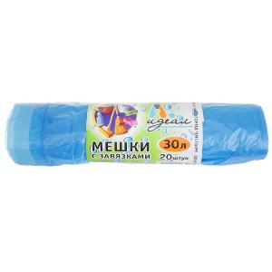 Мешки (пакеты) полиэтиленовые для мусора в рулоне с завязками из ПНД. Цвет синий, 51*60см*15мкм, 30 литров
