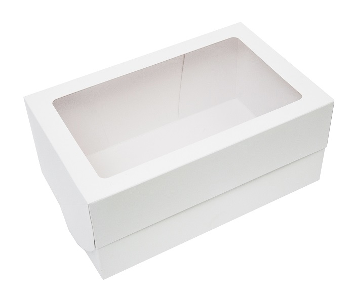 Коробка картонная серия "Fupeco WinSweetBox", самосборная для пирожных, с прозрачным окном, из бел/бел картона.Размер 250*160*110 мм.