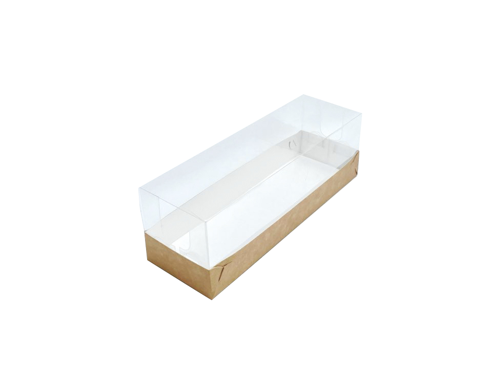 Коробка для макарун с прозрачной пластиковой крышкой, на 6 шт,  Серия "Fupeco GlassTopMacCase", бур/бел. Размер 185*60*60 мм.