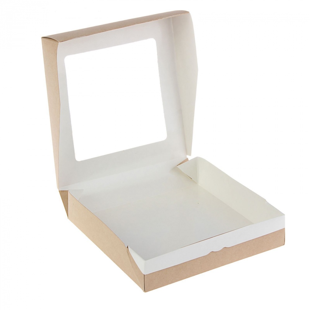 Картонная упаковка для пирожных из крафт картона с окном и ламинацией, р-р 195*195*48мм, серия "Fupeco WinSweetBox" Стандарт бур/бел