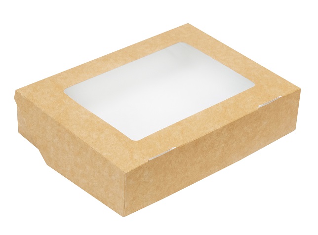 Картонная упаковка для пирожных из крафт картона с окном и ламинацией, р-р 100*80*35мм, серия "Fupeco WinSweetBox" бур/бел