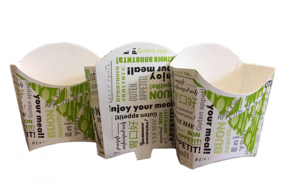 Упаковка картонная для картошки фри р-р S 75*30*100мм серия "Приятного аппетита" зеленая печать