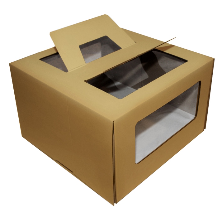 Гофрированная коробка для кулича серия "Fupeco WinCakeHandBox" Премиум c ручками и прозрачными окошками 300*300*190 от 1 до 3 кг бур/бур (Д 15-30см)