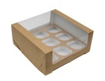 Коробка картонная серия "Fupeco RWinPack" Премиум,  с круговым окном, из бур/бел картона на 9 капкейков Размер 250*250*100 мм.