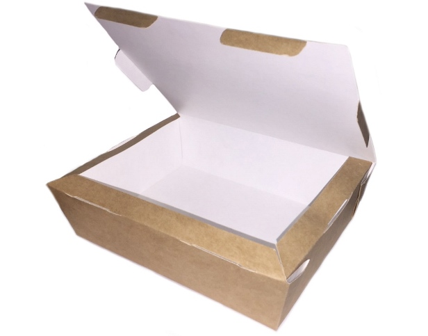 Картонная коробка контейнер из крафт картона с ламинацией р-р "L" 190*150*50мм, 1000 мл, серия "Fupeco Fresh FoodBox" бур/бел