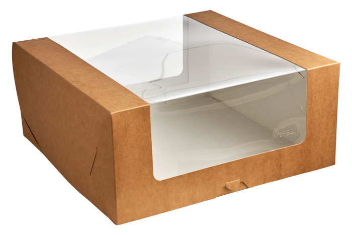Коробка для торта серии "Fupeco WinCakeBox" Премиум с круговым окном. Размер 250*250*110. Из бур/бел крафт картона.