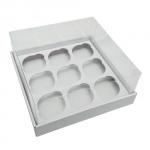 Коробка для капкейков на 9 шт с прозрачной пластиковой крышкой. Р-р 240*240*110, серия "Fupeco GlassTopCupcakeBox" Премиум, бел/бел