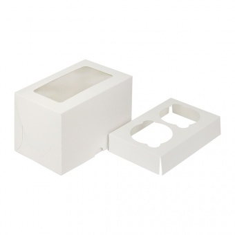 Коробка для капкейков на 2 шт. с прозрачным окном, серия "Fupeco WinCupcakeBox" из бел/бел мелованного картона. Размер 165*90*110 мм.