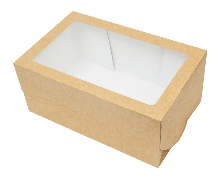 Коробка картонная серия "Fupeco WinSweetBox" Стандарт самосборная для Бенто торта,с прозрачным окном, из бур/бел крафт картона.Размер 250*160*110 мм.