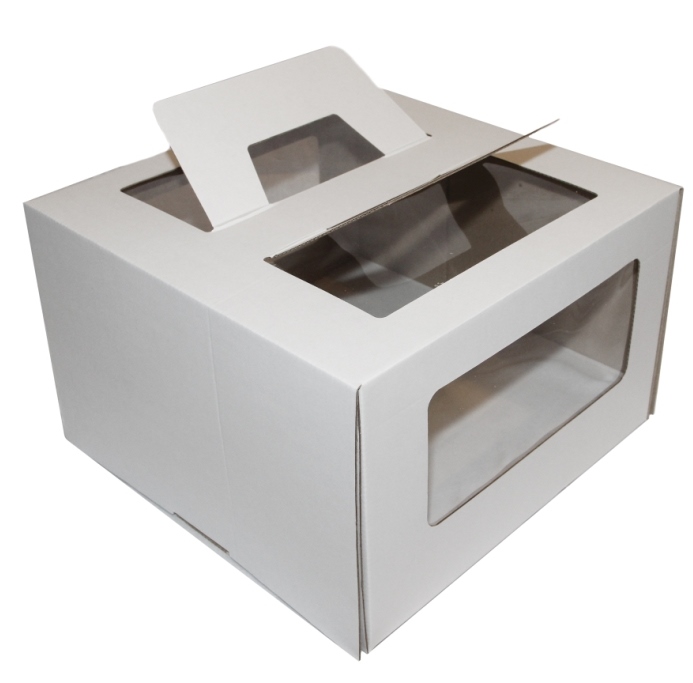 Гофрированная коробка серия "Fupeco WinCakeHandBox" для торта c ручками и прозрачными окнами 300*300*190 от 1 до 3кг бел/бур (Д 15-30см)