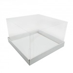 Коробка для торта до 3 кг с прозрачной пластиковой крышкой Премиум. Р-р 300*300*190, серия "Fupeco GlassTopCakeBox", бел/бел