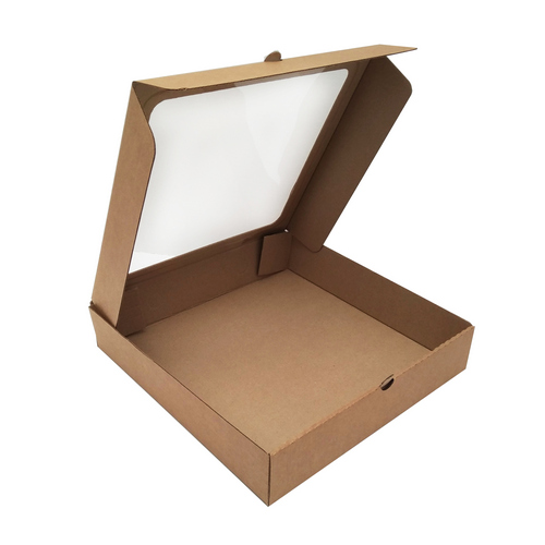 Гофрированная картонная коробка для пирога с окном серия "Fupeco WinPieBox" Крафт, 300*300*60 из 3-х слойного микрогофрокартона бур/бур (Д 25-30 см)