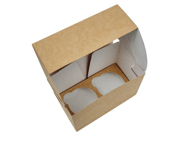 Коробка для капкейков на 2 шт. с прозрачным окном, серия "Fupeco WinCupcakeBox" Стандарт из бур/бел крафт картона. Размер 165*90*110 мм.