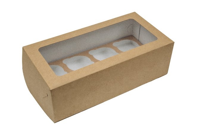 Картонная упаковка с прозрачным окном серия "Fupeco WinCupcakeBox" Стандарт  под капкейки на 8 шт, из бур/бел крафт картона. Размер 330*160*110 мм.