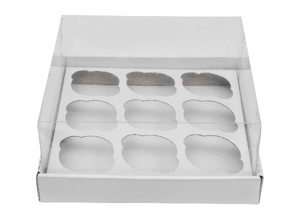 Коробка для капкейков на 9шт с прозрачной пластиковой крышкой. Р-р 240*240*110, серия "Fupeco GlassTopCupcakeBox" Премиум, бел/бел