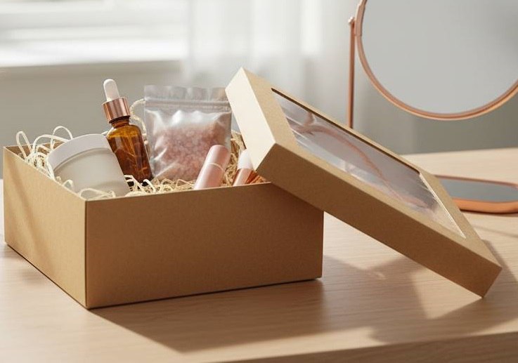 Коробка для подарков с окном 300*300*120мм из микрогофрокартона, бур/бур (крышка + дно)