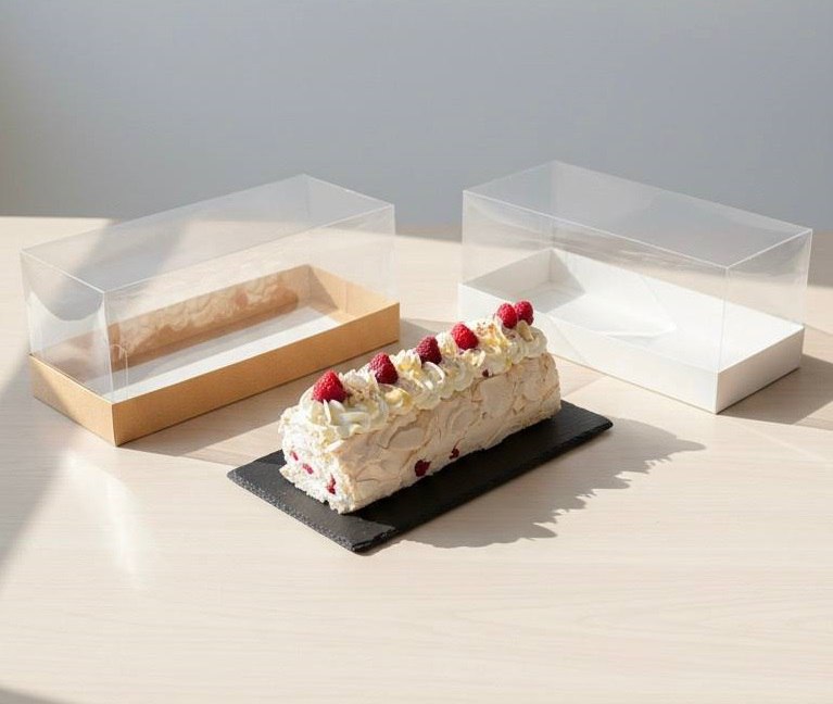 Коробка для рулета с прозрачной пластиковой крышкой. Р-р 255*120*105, серия "Fupeco GlassTopCakeRoll" Премиум, бел/бел