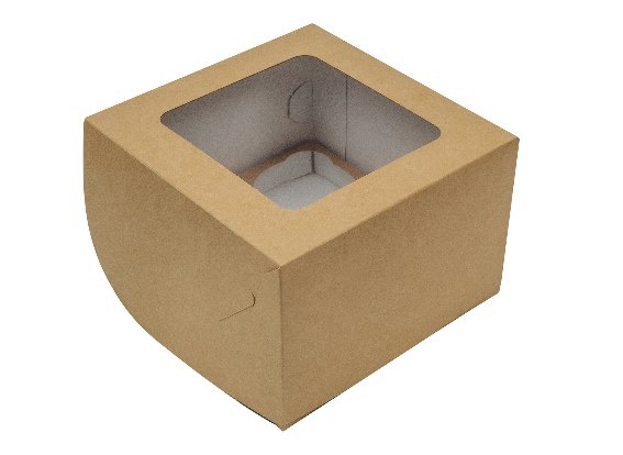 Картонная упаковка под капкейки на 4 шт., серия "Fupeco WinCupcakeBox" Стандарт  с прозрачным окном, из бур/бел крафт картона. Размер 160*160*110 мм.