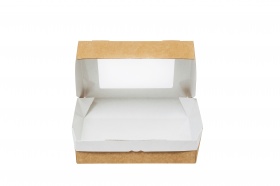 Картонная упаковка для пирожных из крафт картона с окном и ламинацией, р-р 100*80*35мм, серия "Fupeco WinSweetBox" Стандарт бур/бел