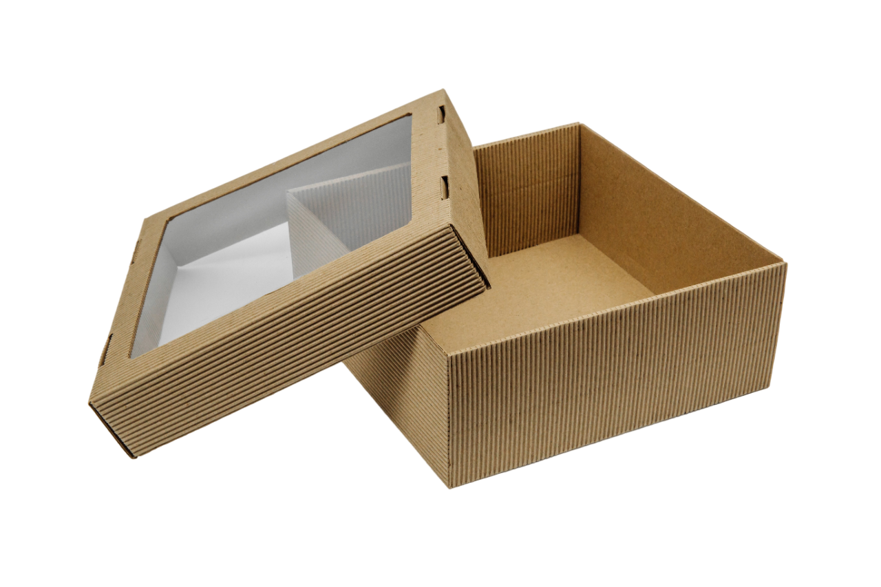 Гофрированная упаковка с окном для подарков. Серия "Fupeco LOFT". Размер 250*250*100. Крышка + дно, бур/бур