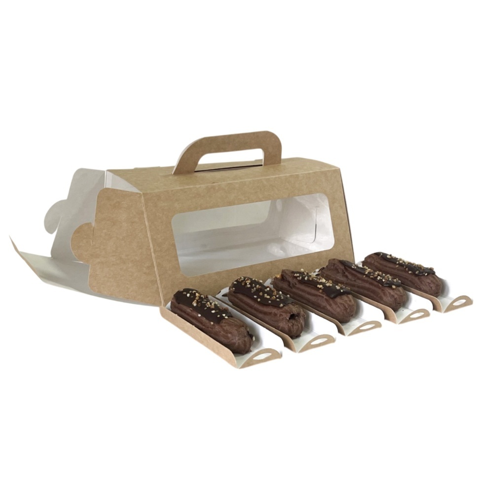 Картонная упаковка р-р 250*150*110 мм для пирожного с ручкой и окном серия "Fupeco WinSweetHandBox" Премиум бур/бел