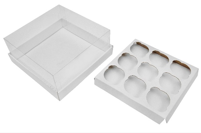 Коробка для капкейков на 9 шт с прозрачной пластиковой крышкой. Р-р 240*240*110, серия "Fupeco GlassTopCupcakeBox" Премиум, бел/бел