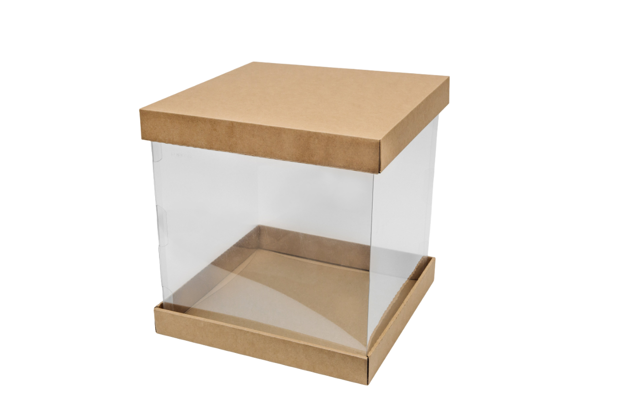 Коробка для торта до 3кг с прозрачными стенками со всех сторон. Р-р 300*300*320, серия "Fupeco RWinCakeBox" Премиум, бур/бур