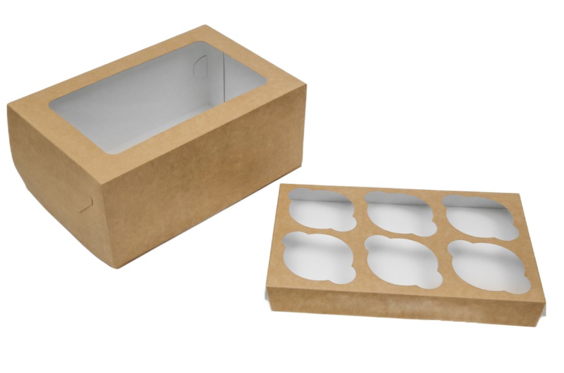 Коробка картонная серия "Fupeco WinCupcakeBox" Стандарт, самосборная для капкейков на 6 шт., с прозрачным окном, из бел/бел картона.Размер 250*160*110 мм.