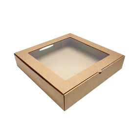 Гофрированная картонная коробка для пирога с окном серия "Fupeco WinPieBox" Крафт, 350*350*70 из 3-х слойного микрогофрокартона бур/бур (Д 30-33 см)