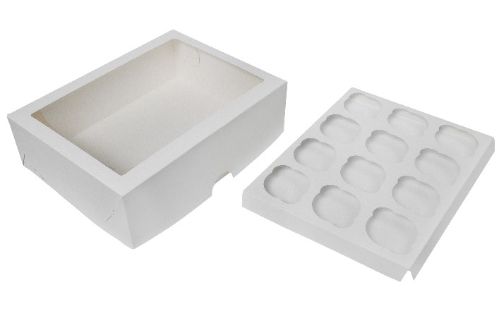 Картонная упаковка под капкейки на 12шт., серия "Fupeco WinCupcakeBox" Премиум с прозрачным окном из бел/бел мелованного картона. Размер 330*250*100 мм