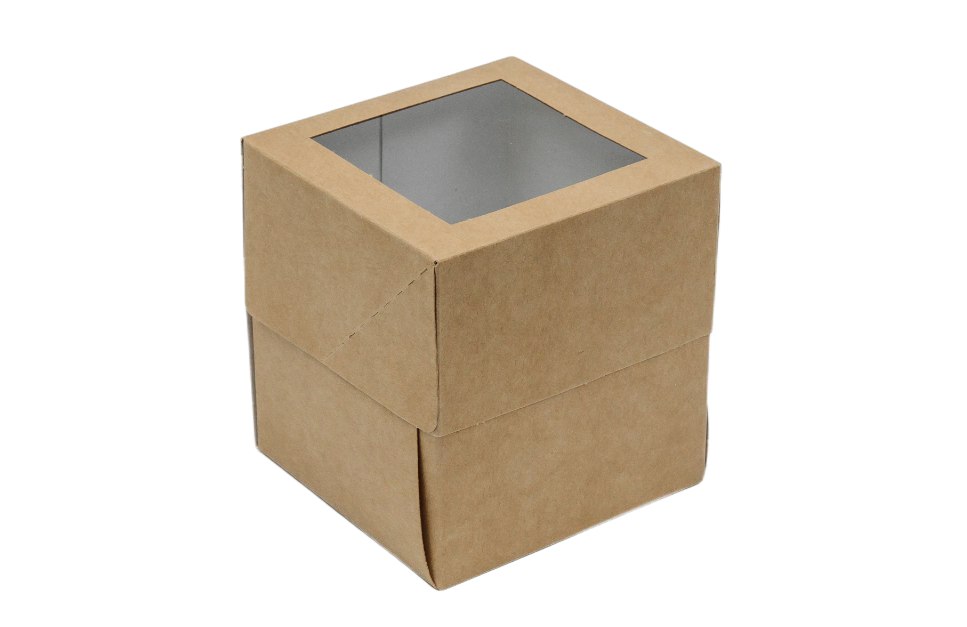 Коробка картонная серия "Fupeco WinCupcakeBox" Стандарт для капкейка на 1шт. с прозрачным окном, из бур/бел крафт картона. Размер 100*100*110 мм.