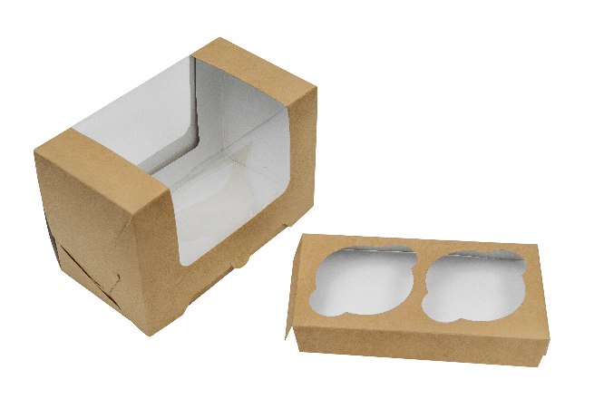 Коробка для капкейков на 2 шт. с круговым окном, серия "Fupeco RWinCupcakeBox" Премиум из бур/бел мелованного картона. Размер 165*90*110 мм.