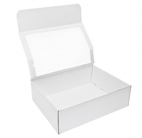 Коробка с прозрачным окном из микрогофрокартона  для подарков  р-р 400*300*120мм, бел/бел