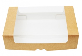 Упаковка для пирожных с круговым окном 280*185*75мм серия "Fupeco RWinCakeBox" Премиум бур/бел