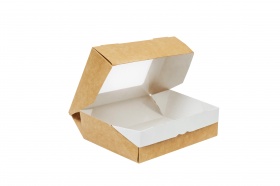 Картонный контейнер - папка из крафт картона с окном и ламинацией, р-р "M" 150*100*40мм, 600 мл, серия "Fupeco Fresh WinFolder" бур/бел