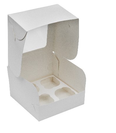 Картонная упаковка под капкейки на 4 шт., серия "Fupeco WinCupcakeBox" Стандарт с прозрачным окном, из бел/бел картона. Размер 160*160*110 мм.